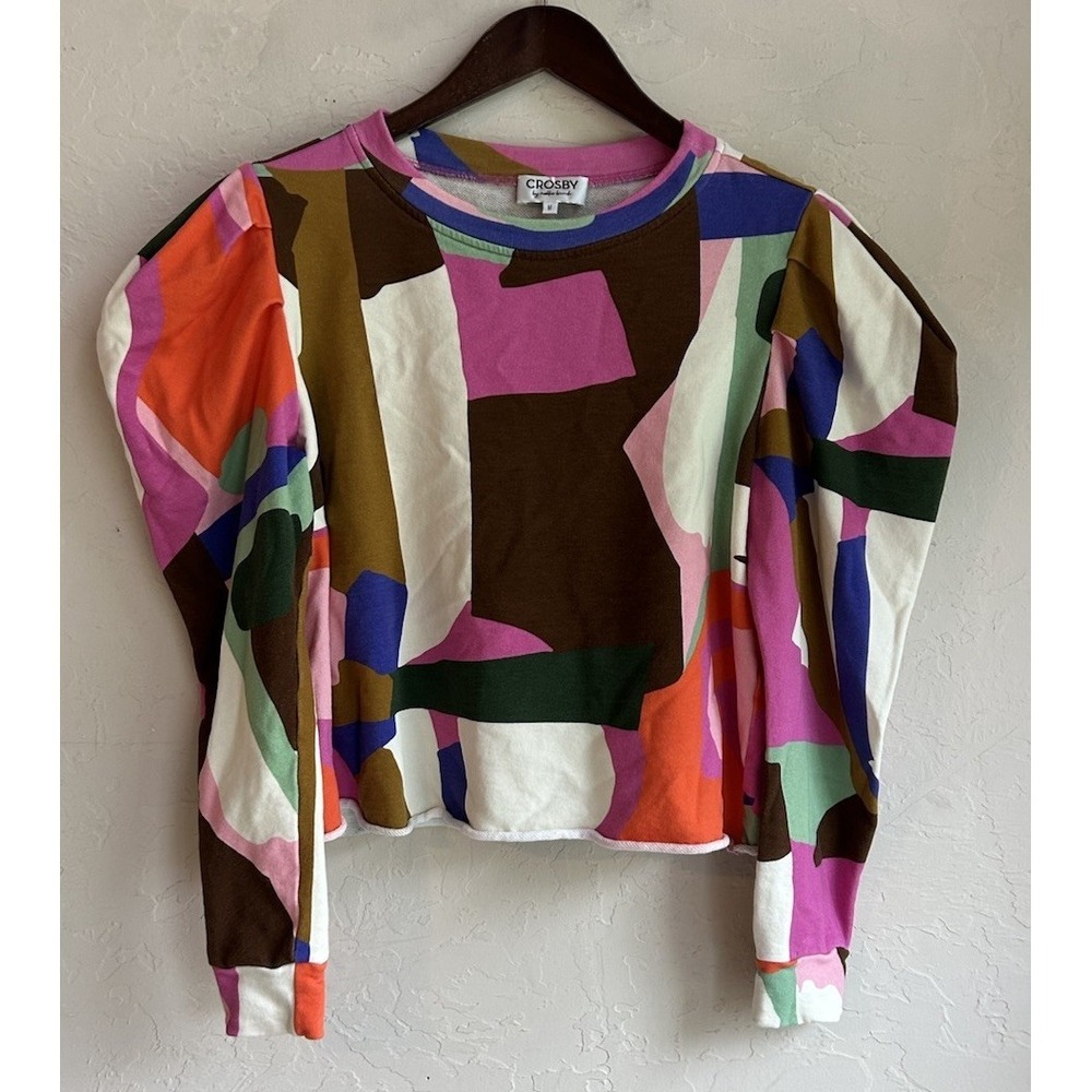 crosby. Multicolor Abstract Print Puff-Sleeve Top - Pink/Brown/Green